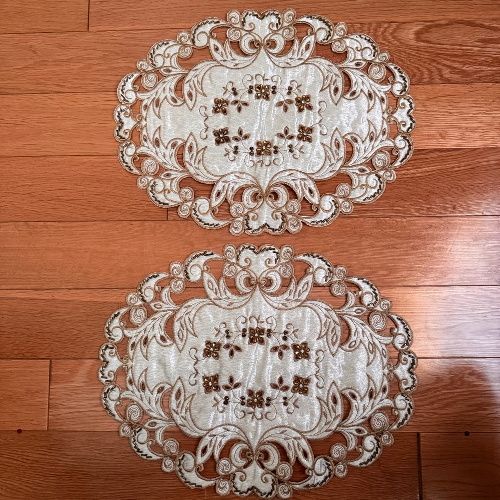 Embroidered Cream & Gold Oval Placemats - Set of 2